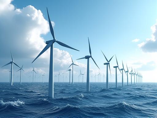 洋上に並ぶ洋上風力発電タービン